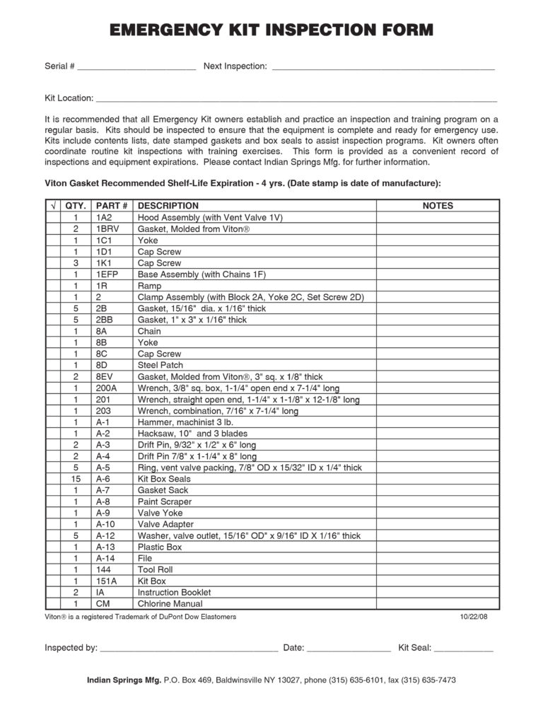 Kit NH Inspection Sheet Indian Springs Manufacturing