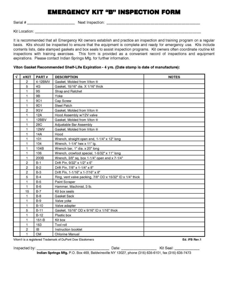 Chlorine Institute Emergency Kit A Inspection Sheet Indian Springs